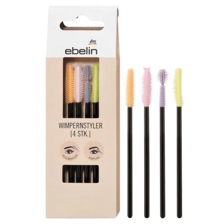 Un ensemble de quatre stylos à cils Ebelin Brosse Coiffante Pour Cils 1 set, chacun avec un manche noir et une brosse pastel (jaune, orange, rose, violet), présentés à la fois dans leur emballage et disposés côte à côte à l'extérieur. Dakar