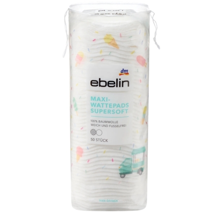 Ebelin Disque de coton maxi 50 pièces : Emballage blanc avec des motifs pastels et une étiquette transparente sur le devant, comprenant 50 disques de coton super doux. Dakar