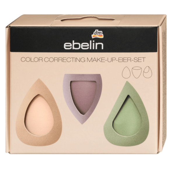 Le coffret correcteur de couleur Ebelin Oeufs comprend trois éponges de maquillage en forme de goutte aux teintes pêche, lavande et vert, inspirées des couleurs vibrantes de Dakar. L'emballage présente des illustrations assorties à la couleur de chaque éponge. Dakar