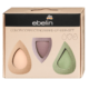 Le coffret correcteur de couleur Ebelin Oeufs comprend trois éponges de maquillage en forme de goutte aux teintes pêche, lavande et vert, inspirées des couleurs vibrantes de Dakar. L'emballage présente des illustrations assorties à la couleur de chaque éponge. Dakar