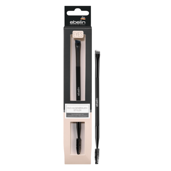 L'emballage du « Ebelin Stylo à sourcils professionnel duo, 1 pièce », inspiré du style dynamique de Dakar, comprend une brosse à sourcils à double embout avec une brosse à une extrémité et une brosse coudée à l'autre. La boîte noire épurée avec texte blanc et fenêtre transparente met en valeur avec élégance cet outil de beauté essentiel. Dakar