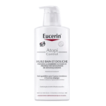 Un flacon d'Eucerin Atopi Control Huile Bain et Douche Peaux Atopiques 400 ml avec un distributeur à pompe blanc