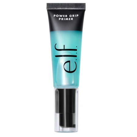 La Base de Maquillage à Base de Gel Power Grip 24 ml d'Elf se compose d'un bouchon noir, d'un fond transparent et d'un corps bleu sarcelle avec le nom de la marque et les détails du produit en noir sur le devant. Dakar