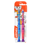 Deux Elmex Brosse à Dents Bébé de 2 à 6 ans 2 pièces aux couleurs vives pour les enfants âgés de 2 à 6 ans dans un emballage sur le thème de la souris