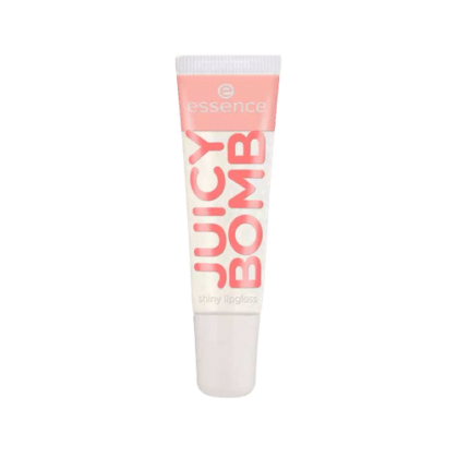 Tube of Essence Cosmetics Juicy Bomb Shiny Lipgloss 101 Joli litchi 10 ml avec un capuchon et une étiquette roses