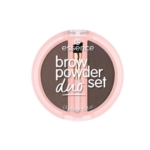 Un compact rond d'Essence Cosmetics Ensemble De Poudre à Sourcils Ensemble Dark And Deep 02 (2,3 g) contient deux poudres brunes pour les sourcils avec le texte "essence brow powder duo set" sur le couvercle transparent. Dakar