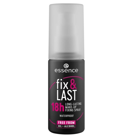 Un flacon noir d'Essence Cosmetics Fix & LAST 18h Spray Fixateur Maquillage 50 ml avec un bouchon givré, doté d'une formule waterproof, sans huile et sans alcool pour garder votre maquillage impeccable toute la journée. Dakar