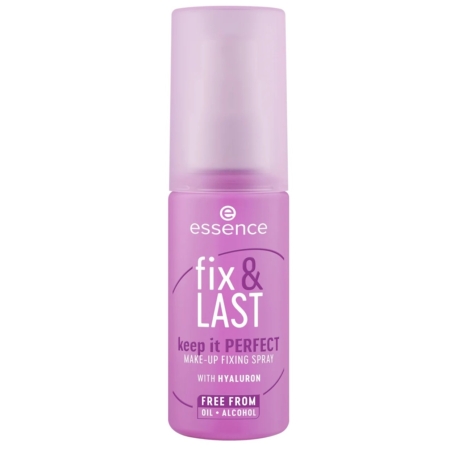 Un flacon rose de 50 ml de Essence Cosmetics Keep It Perfect Spray Fixateur De Maquillage à l'acide hyaluronique est étiqueté « Keep It PERFECT » et « sans huile ni alcool », avec un texte blanc en gras et un dessus en spray pour une finition fraîche. Dakar