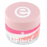 Un petit pot rond avec un couvercle rose et un logo "e" blanc, étiqueté "essence LIP swirl caring mask", contient un tourbillon rose, blanc et rouge. Produit : Essence Masque Lèvres Nourrissant à Effet Tourbillonnant 8g. Dakar