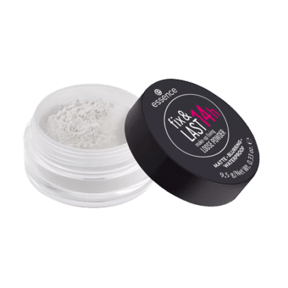 Un contenant ouvert d'Essence Cosmetics Fixation Poudre Libre Fix et LAST 14h Waterproof 9