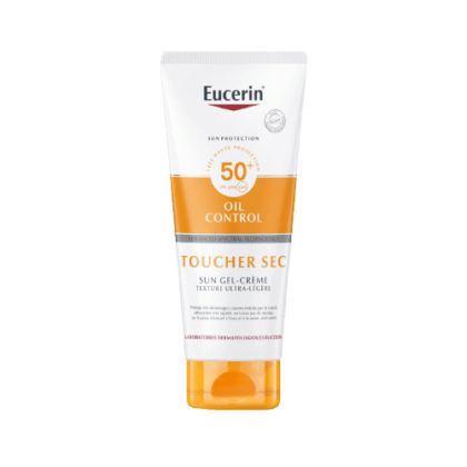 Tube de protection solaire indiquant "Eucerin SUN PROTECTION - Sensitive Protect Gel-Crème Solaire SPF50+ - Tous Types de Peaux