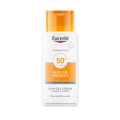 Un flacon d'Eucerin Sun Protection - Sun Leb Protect Crème-Gel Solaire SPF 50 - Visage et Corps