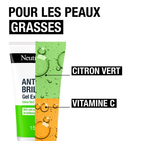 Image du produit Neutrogena Citron Exfoliant Matifiante Anti-Brillance et Anti Pore Dilatés 150ML pour les peaux grasses, avec "Citron Vert", "Vitamine C" et la phrase française "Pour les peaux grasses" visible sur l'étiquette. Dakar