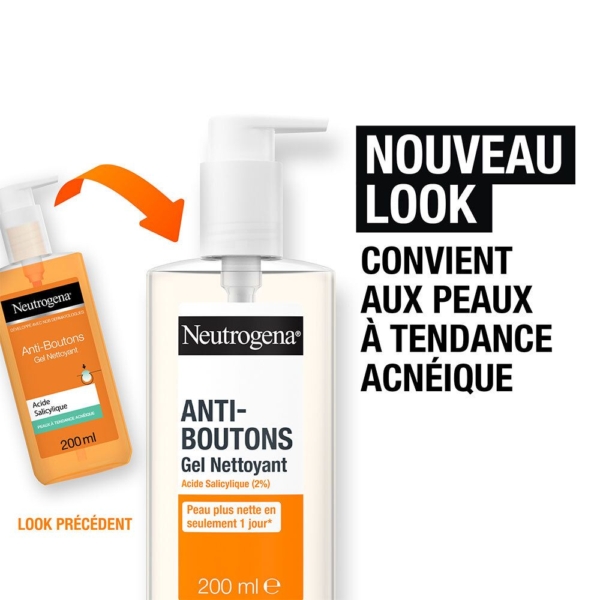Le nouveau Neutrogena Anti-boutons Gel Nettoyant à L'Acide Salicylique 200 ml apparaît à côté de son ancien flacon, avec un texte en français indiquant qu'il convient aux peaux sujettes à l'acné ; les deux flacons sont étiquetés 200 ml. Dakar
