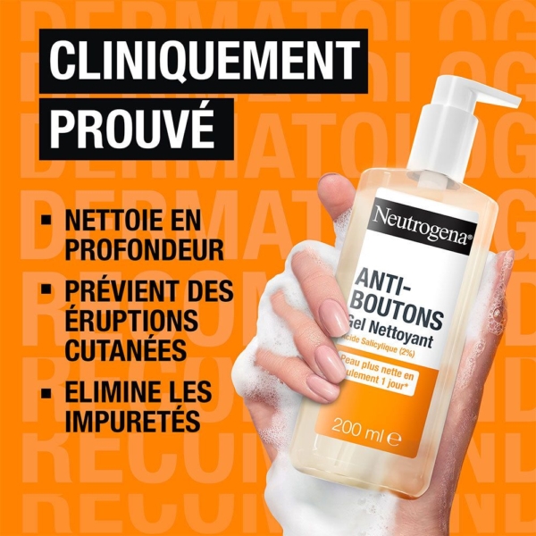 Une main tient un flacon de Neutrogena Anti-boutons Gel Nettoyant à L'Acide Salicylique de 200 ml avec de la mousse sur un fond orange. Un texte en français souligne les bienfaits de ce produit en matière de nettoyage en profondeur, de prévention de l'acné et d'élimination des impuretés. Dakar