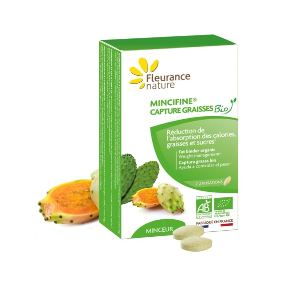 Une boîte de Fleurance Nature Mincifine capture graisses Bio, complément alimentaire, 28 comprimés, avec une étiquette verte, deux comprimés devant, et des fruits de cactus de figue de barbarie à l'arrière-plan. Dakar