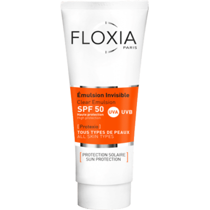 Un tube de FLOXIA PROTEXIO émulsion solaire invisible Unifiant Anti-tache SPF 50+ tous types de peau (50ml) d'Univers Cosmetix
