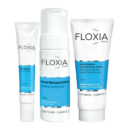 Trois produits de soin Floxia Soins Essentiels pour le Visage Unifiant et Hydratant