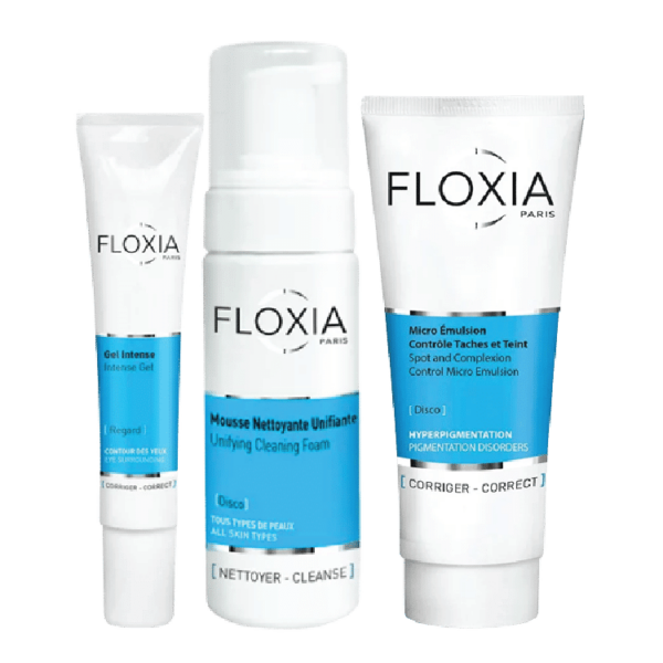 Trois produits de soin Floxia Soins Essentiels pour le Visage Unifiant et Hydratant