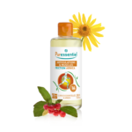 Un flacon de Puressentiel Friction Arnica Articulations & Muscles aux 14 Huiles Essentielles et Arnica 200 ml trône gracieusement à côté d'une fleur d'arnica vibrante et d'une grappe de baies rouges. dakar