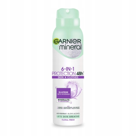 GARNIER Déodorant Femme Anti-Transpirant Protection 6 En 1 150 ml offre une protection de 48h pour la peau et les vêtements avec un parfum floral frais, dans un vaporisateur avec un bouchon vert menthe et une étiquette blanc-violet. Dakar