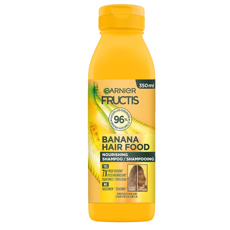 Un flacon jaune de 400 ml de Garnier-Shampooing Fructis Hair Food Banane, avec un graphisme de banane et un texte soulignant les 96% d'ingrédients d'origine naturelle. Dakar