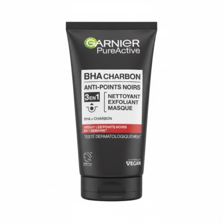 Un tube noir de GARNIER Pure Active Nettoyant 3 en 1 au charbon Anti-Points Noirs Incrustés 150ml avec un texte en français, des accents rouges, blancs et verts ; étiqueté vegan et testé dermatologiquement. Dakar