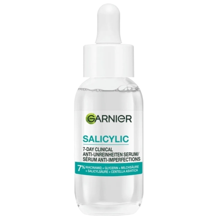 Le flacon compte-gouttes transparent de Garnier Sérum Anti Imperfections à l'Acide Salicylique 30 ml contient 7% de niacinamide, de la glycérine, de l'acide salicylique et de la centella asiatica pour un soin ciblé de la peau. Dakar