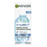 Une boîte de 30 ml de Garnier Skin Active Sérum Hydratant à la Glycérine Acide Hyaluronique et Aloe Vera avec une image de flacon compte-gouttes, des accents verts et bleus, et des détails sur le produit en anglais, français et allemand sur la face avant. Dakar