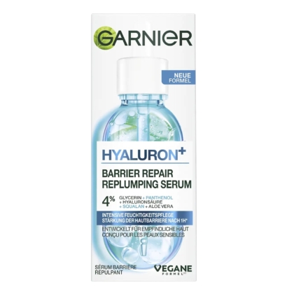 Une boîte de 30 ml de Garnier Skin Active Sérum Hydratant à la Glycérine Acide Hyaluronique et Aloe Vera avec une image de flacon compte-gouttes, des accents verts et bleus, et des détails sur le produit en anglais, français et allemand sur la face avant. Dakar