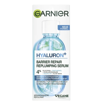 Une boîte de 30 ml de Garnier Skin Active Sérum Hydratant à la Glycérine Acide Hyaluronique et Aloe Vera avec une image de flacon compte-gouttes, des accents verts et bleus, et des détails sur le produit en anglais, français et allemand sur la face avant. Dakar