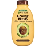 Une bouteille jaune de 300ML de Garnier Shampooing à l'Huile d'Avocat et Beurre de Karité pour les cheveux très secs, frisés ou bouclés. L'étiquette comporte des accents verts et bruns avec un texte en néerlandais. Contient de l'huile d'avocat et du beurre de karité. Dakar