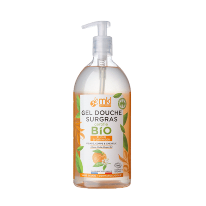 Un flacon de MKL Gel douche certifié BIO - Fleurs d'oranger 1L muni d'une pompe