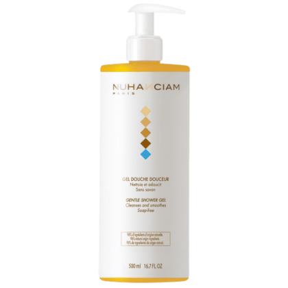 Un flacon blanc de Nuhanciam Gel Douche Douceur Sans Savon 500 ml d'Univers Cosmetix avec pompe