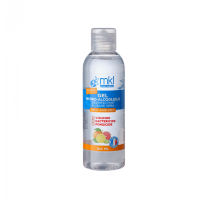 Flacon de MKL Gel Hydroalcoolique Agrumes 100 ml avec des images d'agrumes verts