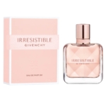 Un flacon de 35 ml de GIVENCHY Irresistible Eau de Parfum pour femme à la teinte rose est posé à côté de sa boîte rose assortie sur fond blanc. dakar