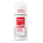 Un flacon transparent de Hidrofugal Déodorant Roll On Anti Transpirant à Double Protection 50 ml, de forme similaire à une NUK Flexi Cup Tasse, avec une étiquette rouge et blanche comportant un texte en allemand sur l'efficacité prouvée contre le stress et la transpiration induite par la chaleur. Dakar
