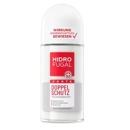 Un flacon transparent de Hidrofugal Déodorant Roll On Anti Transpirant à Double Protection 50 ml, de forme similaire à une NUK Flexi Cup Tasse, avec une étiquette rouge et blanche comportant un texte en allemand sur l'efficacité prouvée contre le stress et la transpiration induite par la chaleur. Dakar