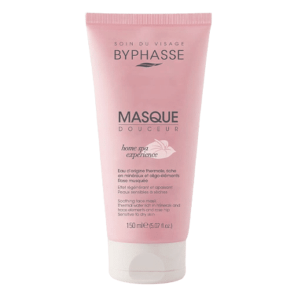 Un tube rose de BYPHASSE Masque Douceur Visage Peaux Sensibles et sèches 150 ml, conçu comme un masque apaisant pour les peaux sensibles à sèches. Il contient 150 ml (5,07 fl oz) de produit, offrant une expérience de spa à domicile luxueuse. Dakar