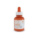Un flacon compte-gouttes en verre orange étiqueté "HT26 Paris Vitamine C Teint Lumière Glow-up Face Serum" se tient debout sur un fond blanc à côté d'un flacon de 100 ml de lotion tonique clarifiante Pixi. Dakar