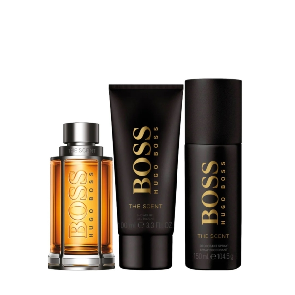 Le Hugo Boss BOSS The Scent Coffret Cadeau pour homme comprend une eau de toilette de 50 ml et un déodorant en spray de 150 ml, tous deux élégamment marqués d'or et de blanc. Dakar