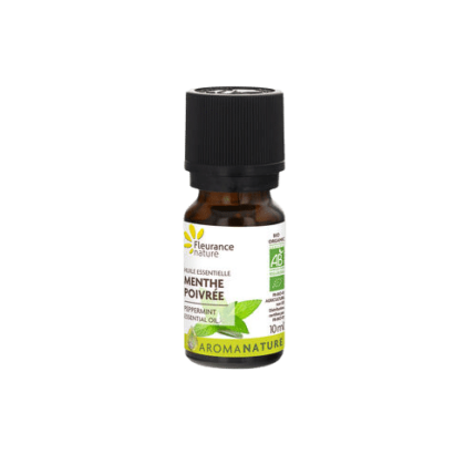 Flacon de FLEURANCE NATURE Huile essentielle de Menthe poivrée Bio Complément alimentaire 10 ml avec étiquette verte et bouchon noir
