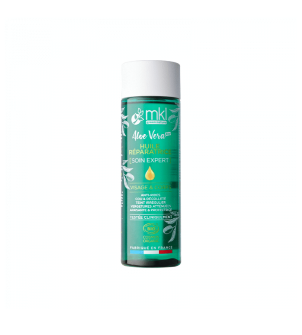 Un flacon de MKL Huile réparatrice Aloe vera certifiée BIO Anti Vergitures & Unifiant 200 ml