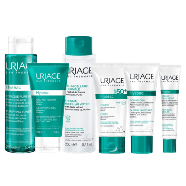Une gamme d'Uriage Hyseac Routine Anti Boutons Et Points Noirs + Trousse OFFERT en flacons et tubes bleu sarcelle et blanc de la gamme Hyséac