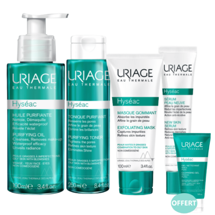 Une collection d'Uriage Hyseac Les Essentiels Pour Soins Anti Boutons Et Points Noirs + Gel Moussant 50 ml