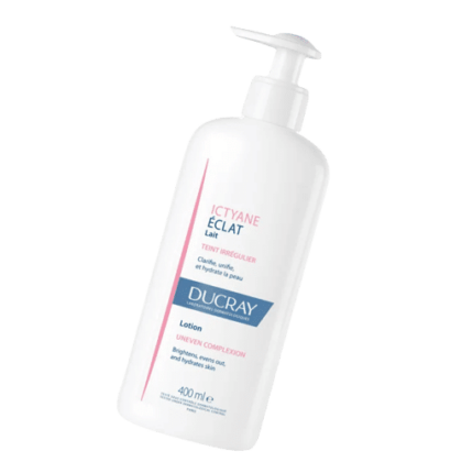 Un flacon de Ducray Ictyane Lait Éclat Clarifie
