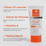 Un tube de Inoya Laboratoire Mon Fluide Solaire Spf50 Sun'Oya Tous Types de Peau 50 ml apparaît avec un texte en français soulignant les filtres UV avancés, l'extrait de chicorée, la vitamine E et l'amidon de tapioca pour la protection solaire et l'apaisement. Dakar