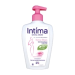 Un flacon blanc de 200 ml d'Intima Gyn' Expert Extra Doux Gel Intime avec une pompe rose. L'étiquette présente une fleur rose, une silhouette de femme rose et un texte vert indiquant "97% d'ingrédients d'origine naturelle". Dakar