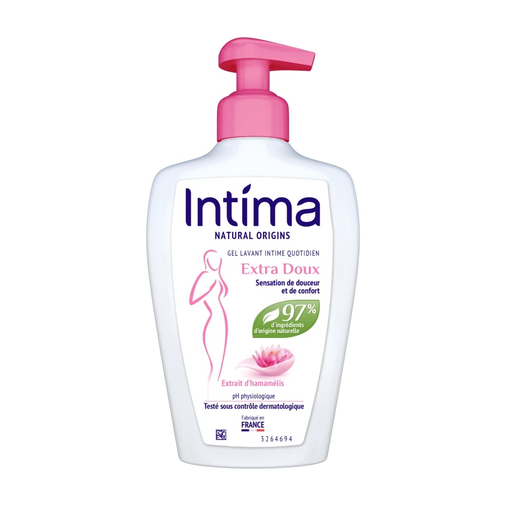 Un flacon blanc de 200 ml d'Intima Gyn' Expert Extra Doux Gel Intime avec une pompe rose. L'étiquette présente une fleur rose, une silhouette de femme rose et un texte vert indiquant "97% d'ingrédients d'origine naturelle". Dakar