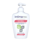 Flacon pompe blanc d'Intima Soin Lavant Intime Quotidien Hydra 200 ml avec texte indiquant ses ingrédients hydratants et ses bienfaits
